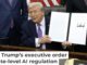 President Donald Trump displays his executive order countering state laws regulating AI. Alex Wong/Getty Images